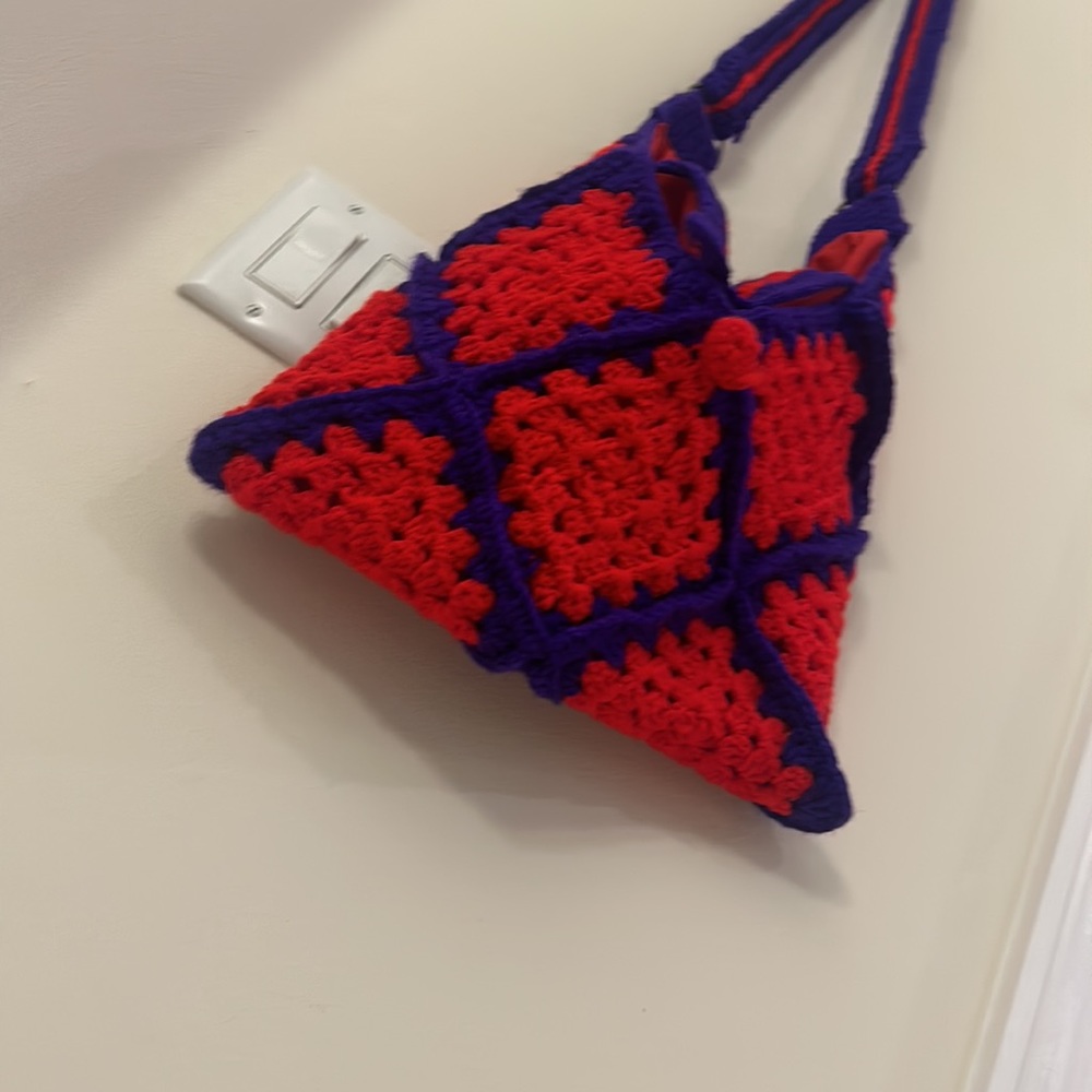 Hand Crocheted Knit Yarn Boho Tote Red Purple Purse Shoulder Bag Retro Granny - Picture 11 of 16